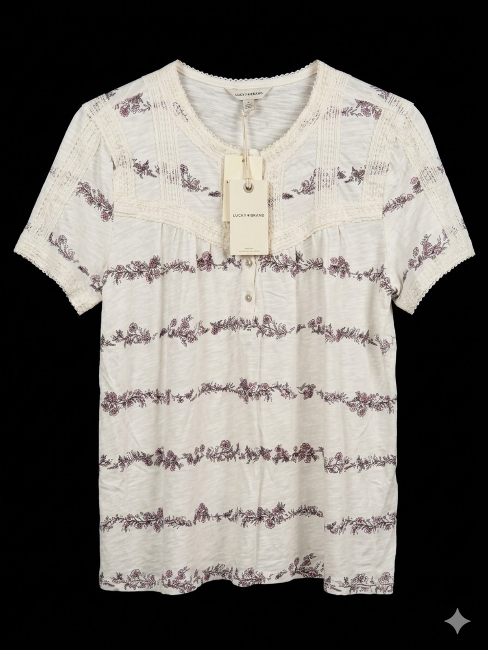 Lucky Brand Cream Short Sleeve Top with Lavender Floral Stripes